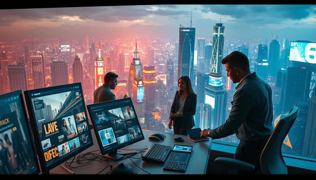 A dynamic, futuristic scene depicting the "ad creative generation" process. In the foreground, a cutting-edge workstation with multiple high-resolution displays showcases a variety of digital ad concepts and designs. The middle ground features a team of creative professionals, dressed in modern attire, collaborating intently on the latest campaign ideas. In the background, a sprawling cityscape with towering skyscrapers and neon-lit billboards sets the stage for the innovative work being done. The lighting is a blend of warm, ambient tones and cool, technical accents, creating a visually striking and technologically advanced atmosphere. The overall mood is one of boundless creativity, cutting-edge technology, and the drive to push the boundaries of advertising.