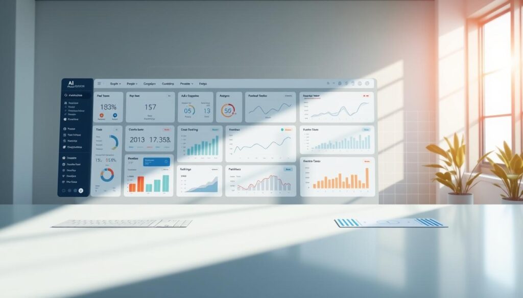 A sleek, modern interface for an AI-powered advertising platform. The foreground features a clean, minimalistic dashboard with various tools and controls for creating and managing ad campaigns. The middle ground showcases a series of adjustable panels, charts, and visualizations, providing real-time data and insights. In the background, a soft, gradient-based color scheme sets a professional and cutting-edge tone, while subtle grid lines and icons add a sense of technological sophistication. Bright, natural lighting casts a warm glow across the interface, creating a welcoming and user-friendly atmosphere. The overall composition conveys an intuitive, data-driven, and high-performance advertising solution.